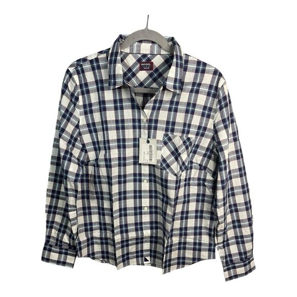 UNTUCKit Women's Sorbo Long Sleeve Button Down Plaid Shirt in Blue and White 6 - Picture 1 of 8